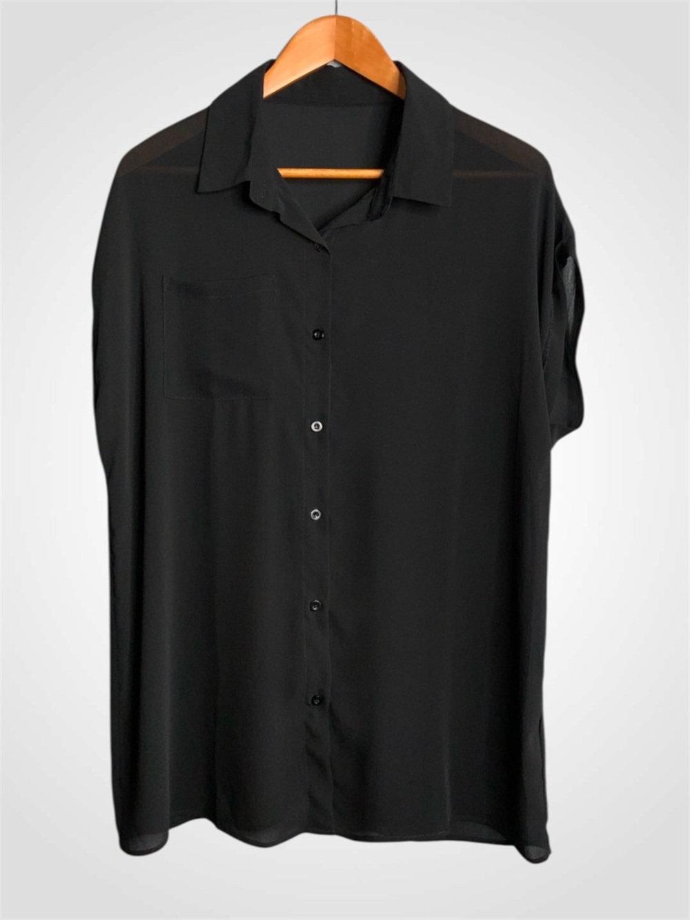 Black Short-Sleeve Casual Semi Sheer Button-Down Shirt XL